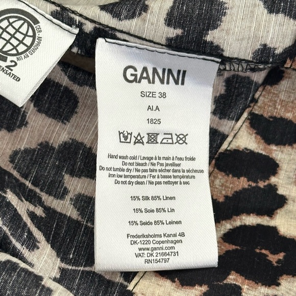 GANNI Cedar Tie Back Leopard Print Puff Sleeve Top Linen and Silk  SZ 38 - Picture 8 of 11